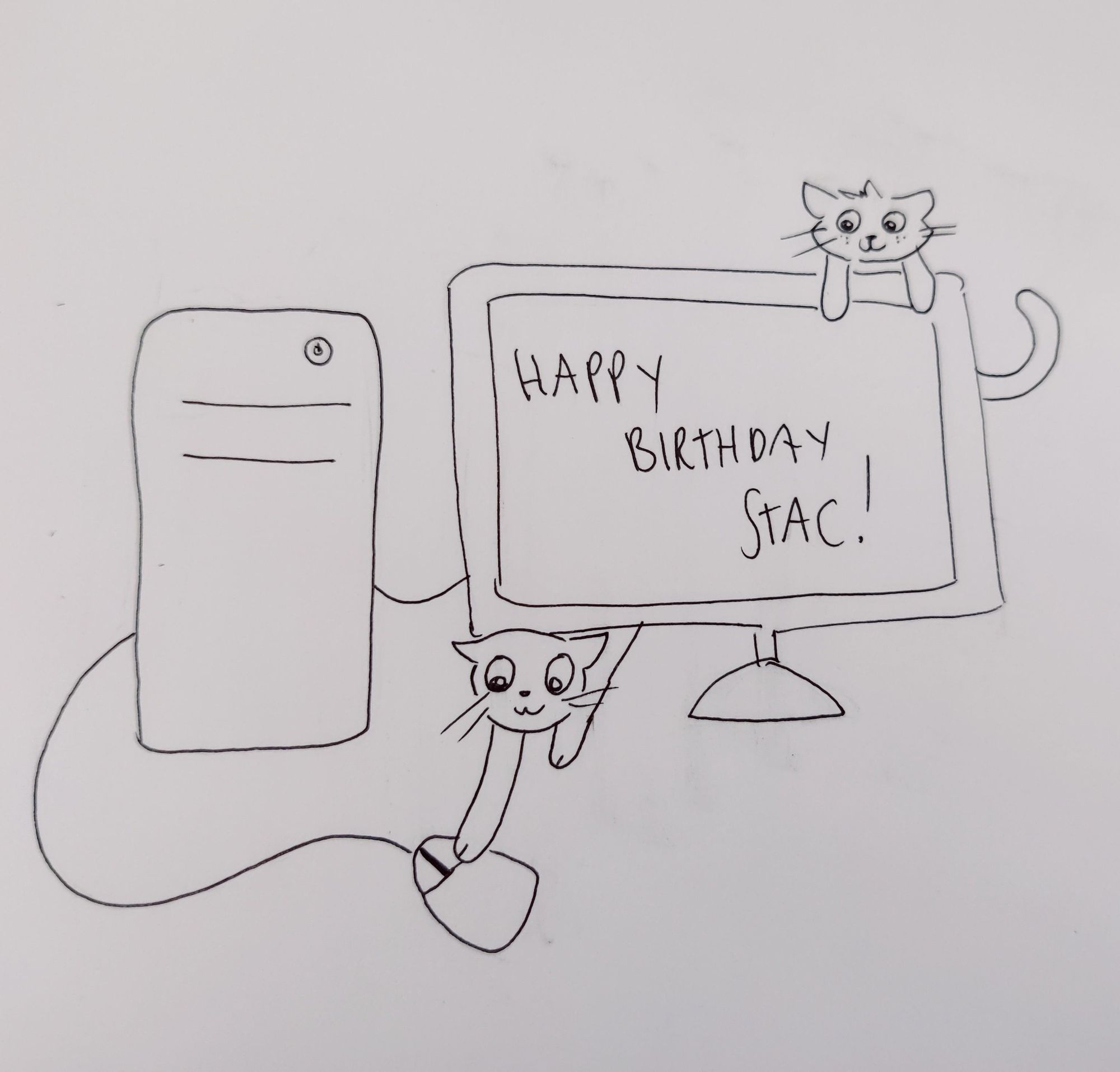 A line sketch of a computer with a monitor that reads "HAPPY BIRHTDAY STAC!". There are two cats popping out from behind the computer, one hanging over the screen and one batting the mouse.