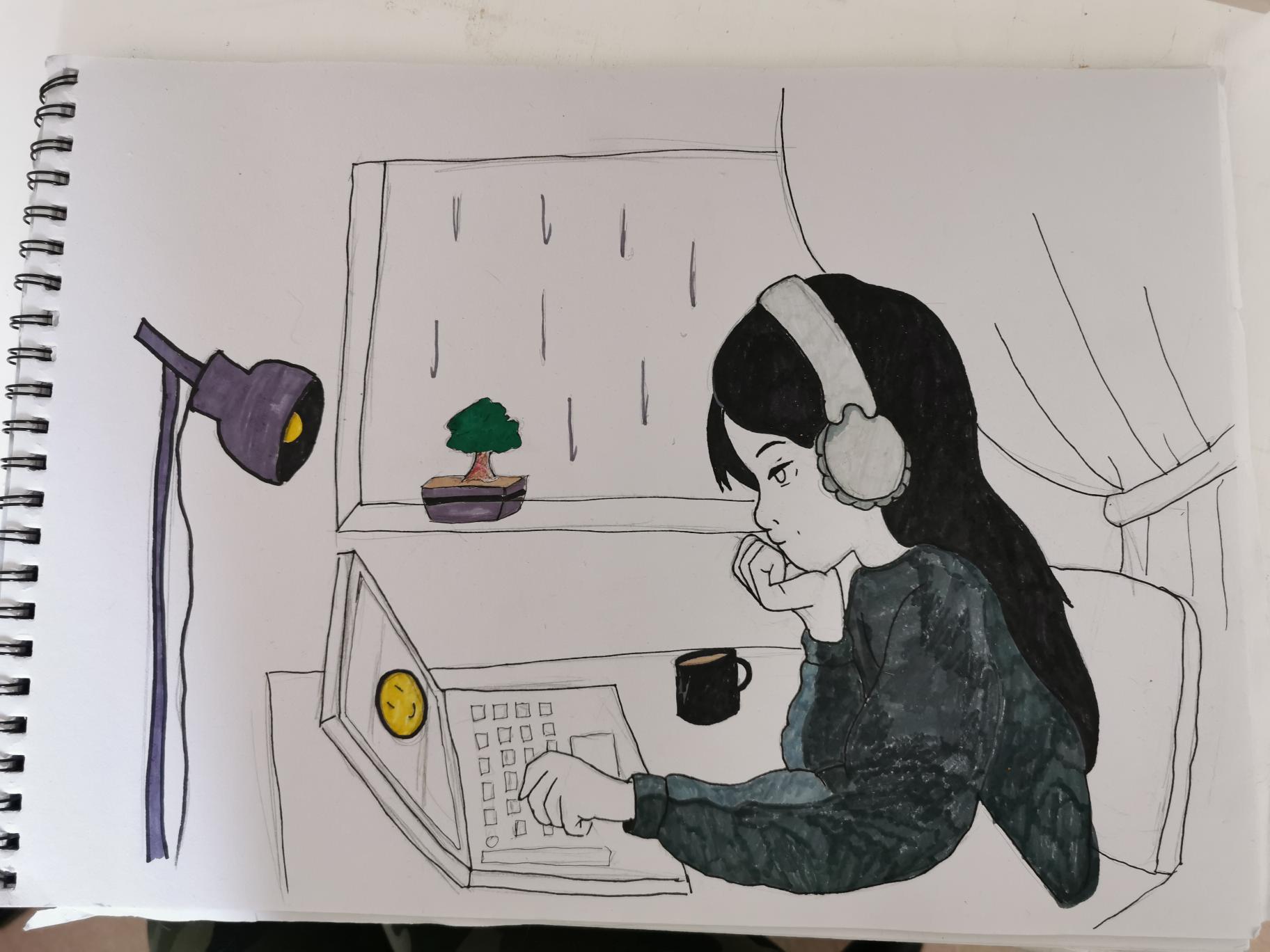 An illustration of a girl with long dark hair sitting at a desk working on a laptop. She has a bonsai tree on the windowsill and a lamp pointing at her desk. There is a cup of coffee next to her. 